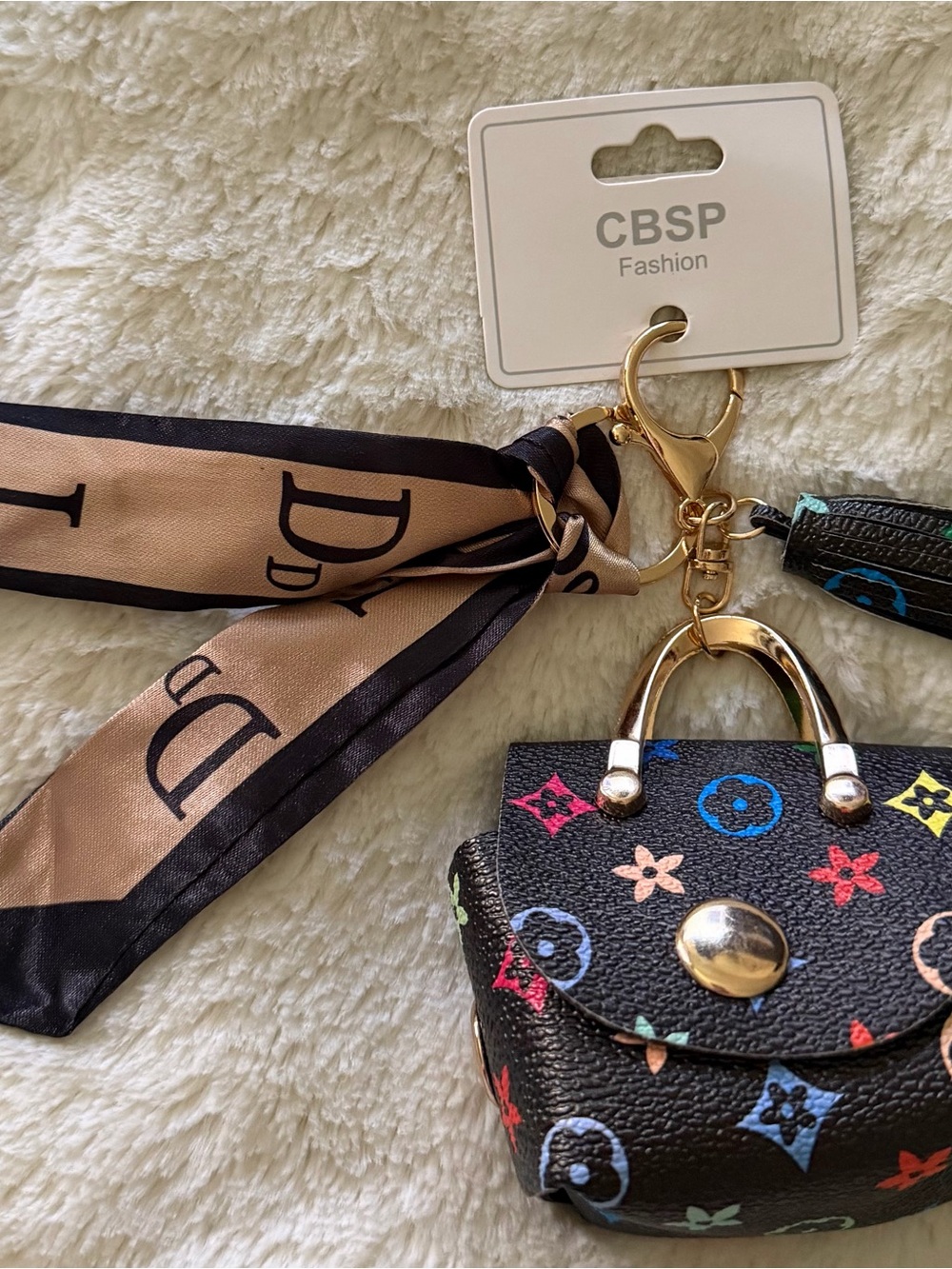 NWT-Fashion-Black Multicolor Mini Bag Charm/Keychain with Scarf Accent
